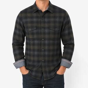 Flag & Anthem Shirt Mens Medium Gray Green Plaid Flannel Flip Cuffs Button-Up